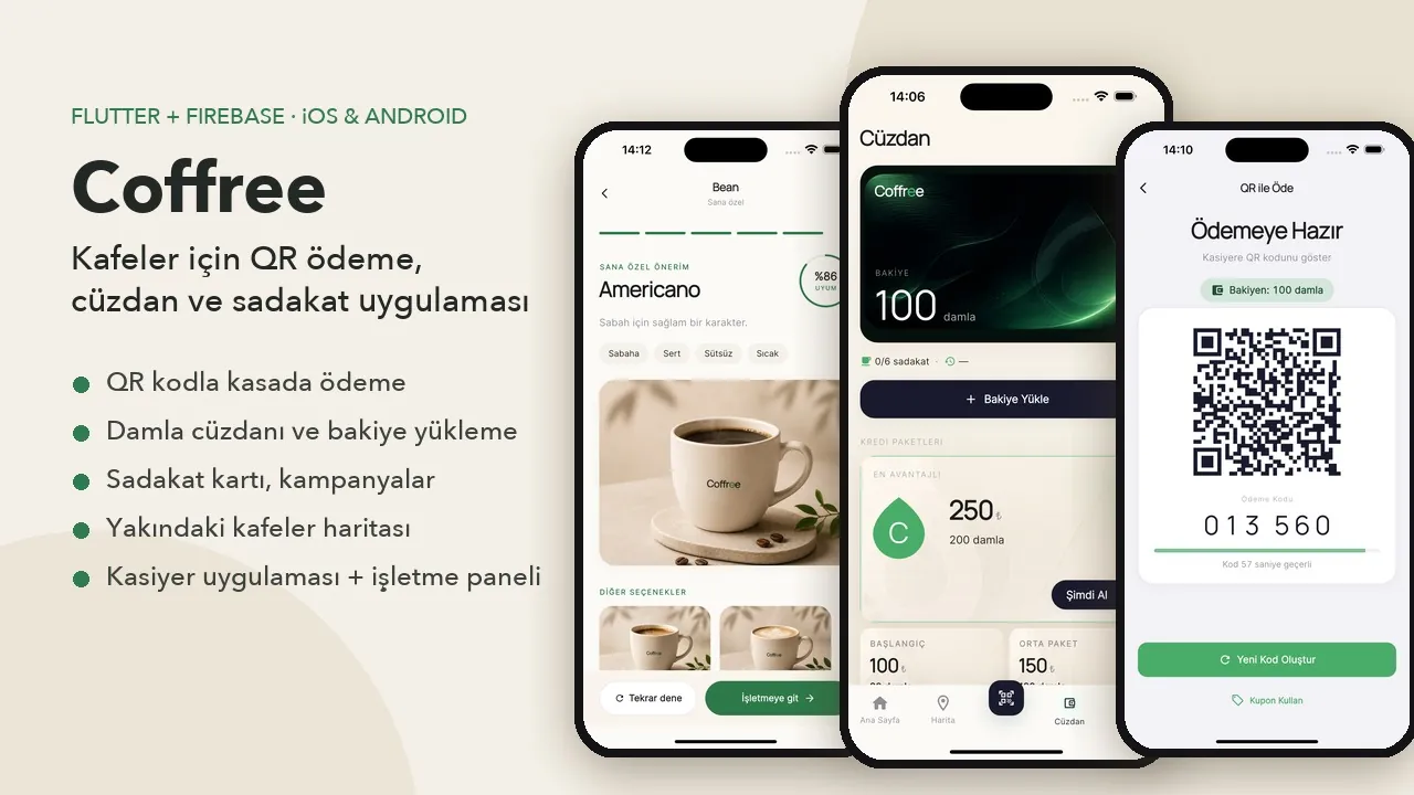 Coffree QR ödeme ve sadakat uygulaması ekranları